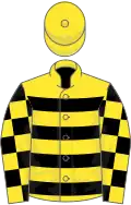 Yellow and black hoops, check sleeves, yellow cap