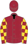 Maroon, yellow checked sleeves