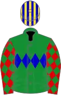 Green, blue triple diamond, red sleeves, green diamonds, blue and yellow striped cap