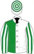 White and green (halved), striped sleeves, hooped cap