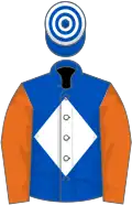 Royal blue, white diamond and hooped cap, orange sleeves