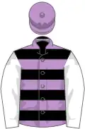 Black, mauve hoops, white sleeves, mauve cap