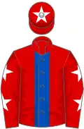 Red, royal blue stripe, red sleeves, white stars, red cap, white star