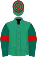 Emerald green, dark green sleeves, red armlets, emerald green and red hooped cap