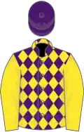 Purple and yellow diamonds, yellow sleeves, purple cap