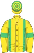 Yellow, emerald green braces and armlets, hooped cap