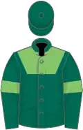 Light green and dark green (halved), dark green sleeves, light green armlets, dark green cap