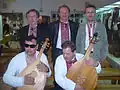Heads of three Kobzar Guild (upper row) - Lviv (M.Khai), Kyiv (M. Tovkailo) and Kharkiv (K. Cheremsky) with first blind singers of new generation Oleksandr Trius and Laiosh Molnar (lower row)