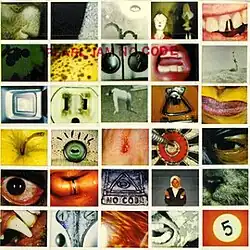 A set of Polaroid photos. On the upper side the title "Pearl Jam – No Code" is written in red letters.