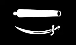 Another Howell Davis flag; "gun" here means carriage-gun or cannon: “their Standard, which they hoisted at Main-topmast-head, with a Gun and Sword.”[25]