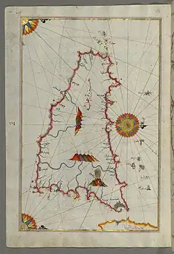 map of Sicily with ports, islands, towns, rivers, and mountains labeled as well as illustrated