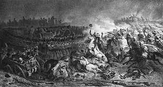 French soldiers form a tightly packed square while they are pressed from all sides by Algerian cavalry; some wagons carrying injured and sick soldiers take shelter inside the hollow square, while others are left exposed and set upon by the horsemen.