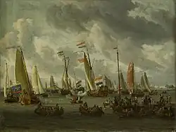 Practice battle on the river IJ in honor of Peter I, Abraham Storck, Amsterdam Museum