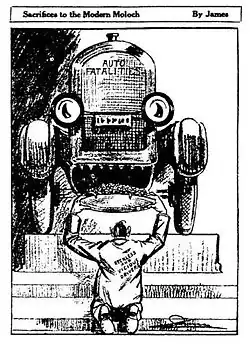 Image 1Sacrifices to the Modern Moloch, a 1923 cartoon published in St. Louis Star, criticizing the apparent acceptance by society of increasing automobile-related fatalities (from Road safety)