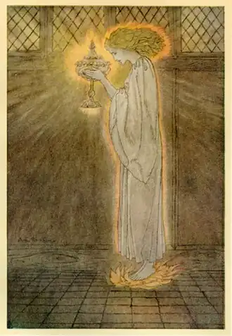 "How at the Castle of Corbin a Maiden Bare in the Sangreal and Foretold the Achievements of Galahad", from The Romance of King Arthur and His Knights of the Round Table, by Alfred W. Pollard, 1917
