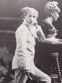 Bernhardt with her 1878 bust of Medea in her sculpture studio in Montmartre, Paris