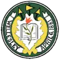 Yellow, green and white seal with "WELLESLEY" and "APRIL 4, 1881" in black