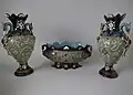 Coloured glazes majolica jardinière and vases, c. 1890