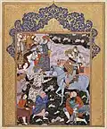 Shepherds and nobles welcome a mounted prince and princess. Attributed to Muhammad Qasem. Isfahan, ca. 1648