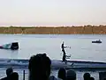 Members&nbsp;of&nbsp;the local ski team, the&nbsp;Skiing&nbsp;Skeeters, form&nbsp;a&nbsp;human pyramid