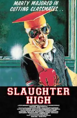 A skeleton standing in front of a blackboard holding a red apple and wearing a mortar board.