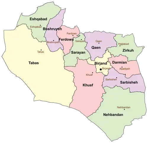 Location of Ferdows County in South Khorasan province (top, pink)