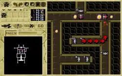 The Planning Screen is split into two halves. The bottom of the left half shows a small map of the operational area. Buttons, displaying various icons, are arranged above this map. The right half is a top-down map, showing a closer view of a selected region of the operational area. Enemy aliens are represented with glowing blips or purple icons. Grey icons represent the player's marines.