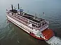 Belle of Louisville at Clark Bridge, Louisville, Kentucky, USA, Ohio River mile 604, August 1987.