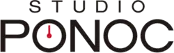 Sans serif black font spelling Studio Ponoc. The first "o" in "Ponoc" appears to be a clock with red hands pointing to the 12 o'clock position. This refers to "Ponoc" being based the Croatian word for "midnight" or "the start of a new day".