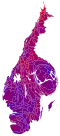 Cartogram of vote with each municipality rescaled in proportion to number of valid votes cast. Deeper blue represents a relative majority for the centre-right coalition, brighter red represents a relative majority for the left-wing coalition.