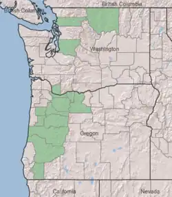Symphyotrichum hallii native distribution: Oregon and Washington — Puget Sound region, Willamette Valley, outliers in Columbia Gorge and central Washington. County distribution: Oregon — Benton, Clackamas, Douglas, Hood River, Josephine, Lane, Linn, Marion, Multnomah, Polk, and Wasco; Washington — Clark, King, Okanogan, and Skagit.