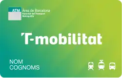 A green plastic card with the T-Mobilitat logo at the centre, the ATM logo at the top left, and three icons at the bottom right.