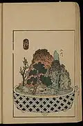 Color print depicting a bonkei modeled after The Fifty-three Stations of the Tōkaidō, print B-34