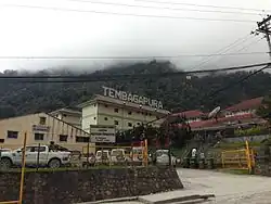 The town of Tembagapura. The building on the extreme left is a Freeport engineering office, the buildings in the middle and on the right are accommodation blocks.