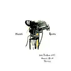 A minimalist dark figure plays a guitar on a black chair. Yellow light is emitted from under the chair.
