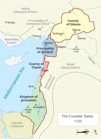 Map showing the four Crusader states and other realms in the Levant