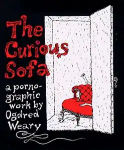 Illustration of a red sofa through an open door, with the legs and feet of partially visible people shown above and below it