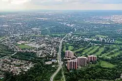 Aerial view of The Elms in 2021