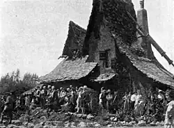 Black and white photograph showing the distinctive house when it served as a film studio building