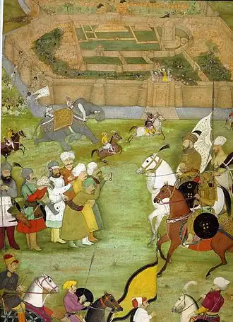 A miniature painting from a Padshahnama manuscript (c. 1640), depicting Mughal Emperor Shah Jahan as bearing a shield with a star and crescent decoration.