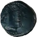 Bronze drachm of Toramana II wearing trident crown, late-phase Gandharan style. mid 6th century.