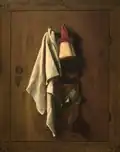A still life painting of ordinary everyday objects hanging from a wooden door.