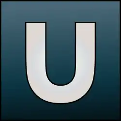 A dark blue, nearly square rectangle, within which is a light grey, sans-serif, capital letter U.