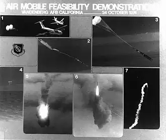 Sequence of grey-scale photos of transport aircraft releasing a missile from its aft loading door.
