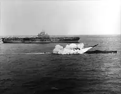 A SSM-N-8 Regulus is launched from USS&nbsp;Halibut; prior to the development of the SLBM, the United States employed submarines with Regulus cruise missiles in the submarine-based strategic deterrent role.