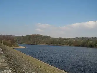 a reservoir mostly surrounded by trees