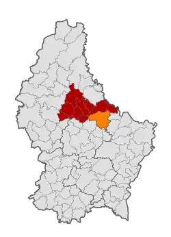 Map of Luxembourg with Vallée de l'Ernz highlighted in orange, and the canton in dark red