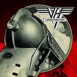 A black and white photo of a New York Central streamlined Dreyfuss Hudson locomotive is being set within a red circular frame. At the top right corner, There is the Van Halen logo in black with the album name on a white text box.