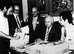 Writers in Antwerp in 1982. From left: Georges Lagrange, Tibor Sekelj, Aldo de 'Giorgi, William Auld and publisher Brucjo Casini.