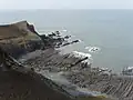 West-south-west view down to a wave-cut platform and a small headland